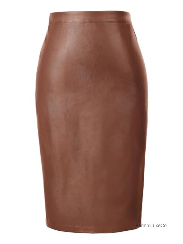 Faux Leather High Waist Pencil Skirt Midi Bodycon Back Slit Knee Length